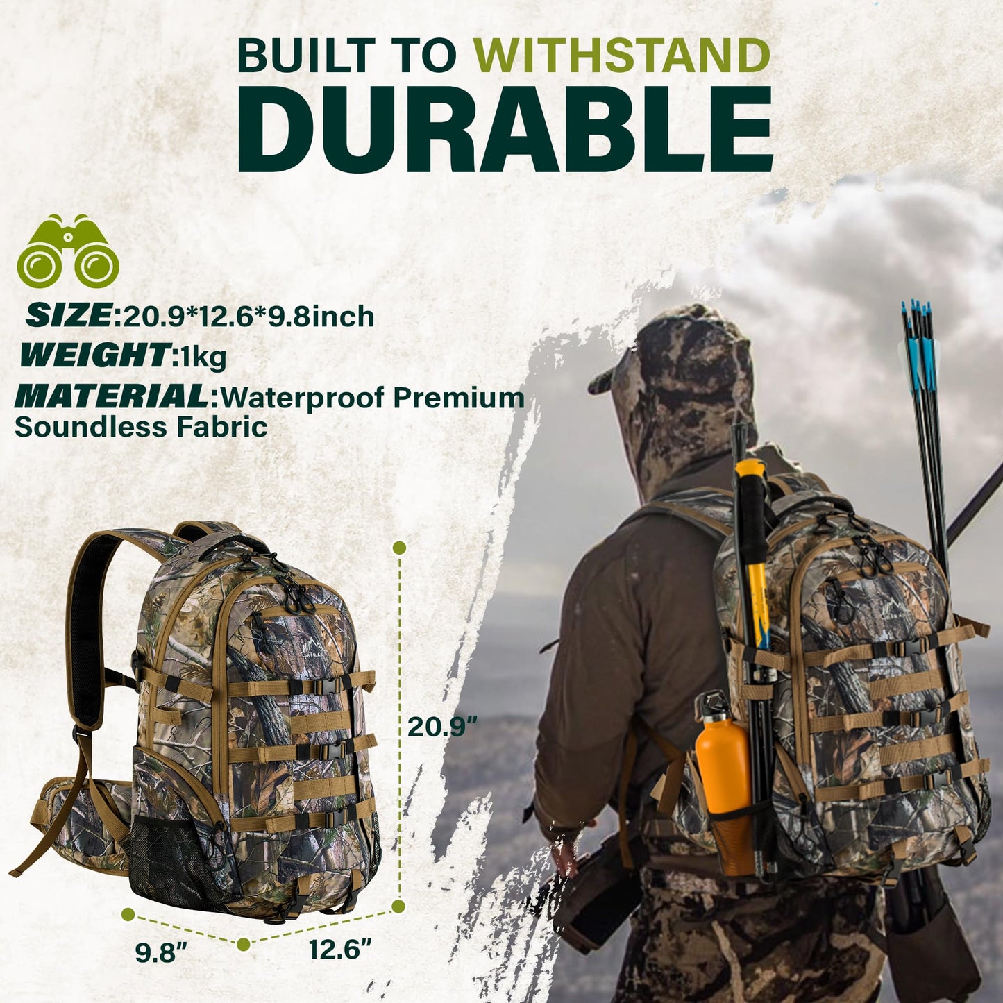 GoHimal 600D Waterproof Hunting Backpack for Men, 35L Camo Hunting Pack with Bow Holder