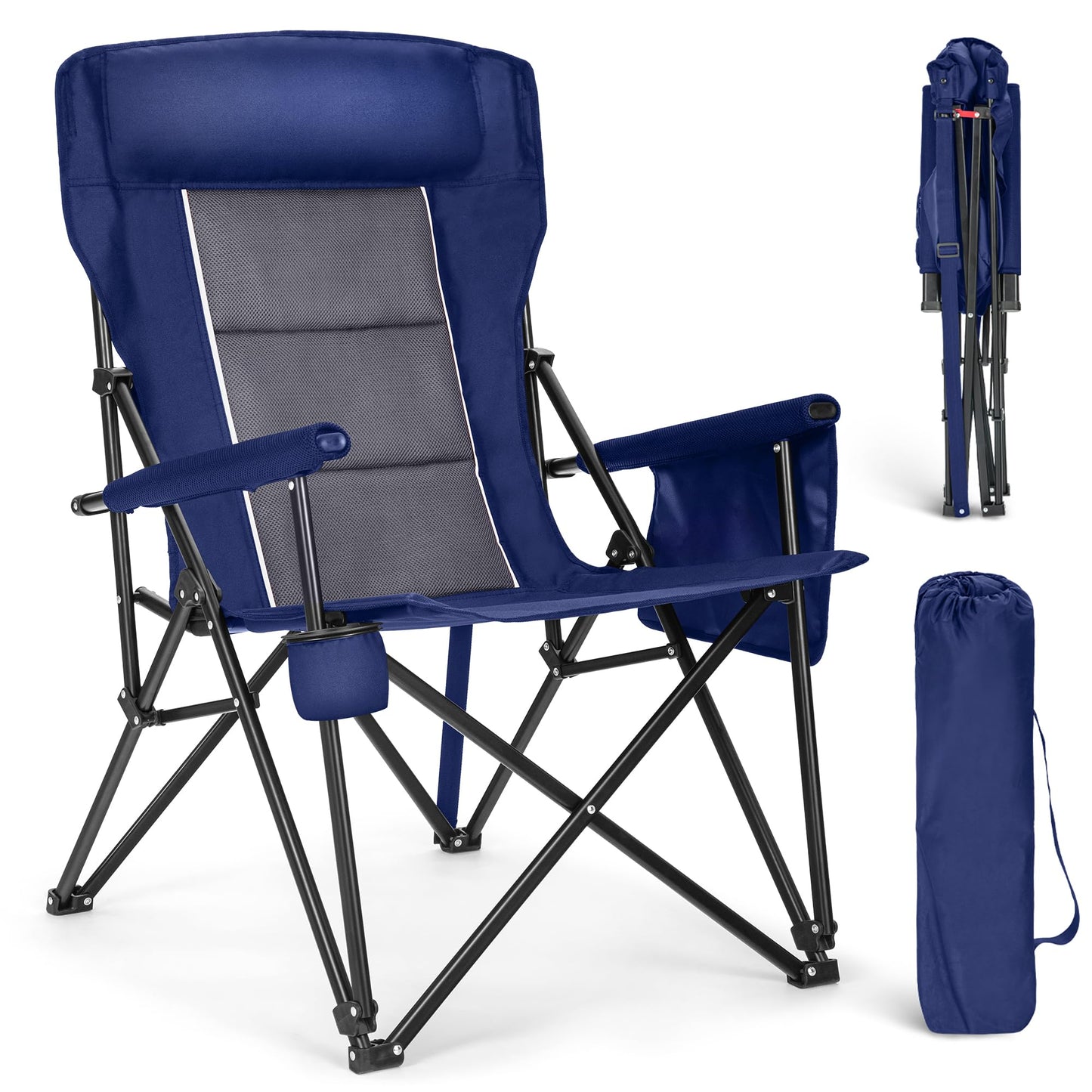 ALPHA CAMP Oversized Folding Camping Chairs High Backrest Heavy Duty Lawn Chairs for Adults Support 500 LBS Portable Camp Chairs with Cup Holders Large Side Pocket for Outdoor