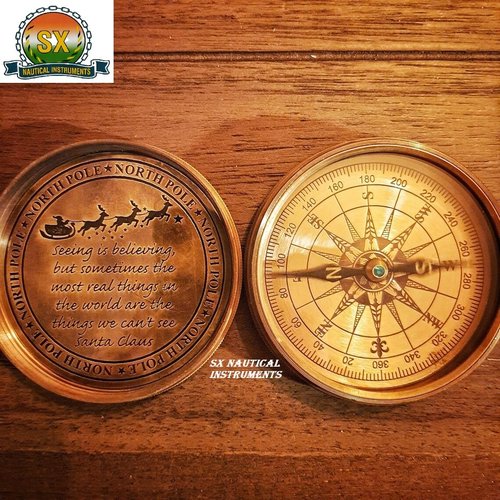 SX Nautical Instruments Christmas Brass Compass Gift Unique Design Engraved Santa Claus with Leather Case (Size:-3 inch)