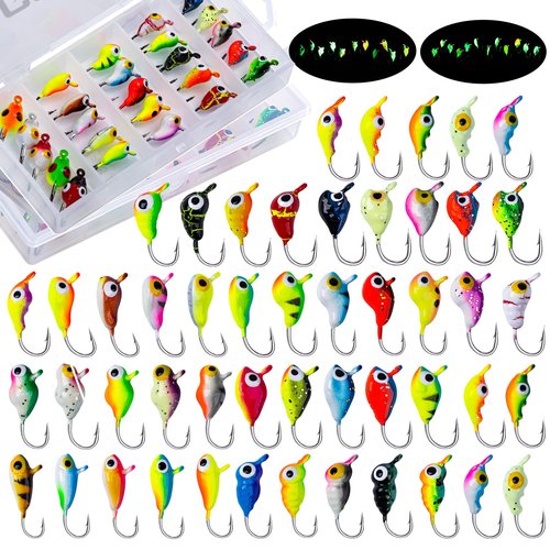 Goture 50pcs Ice Fishing Jigs Kit, Winter Ice Fishing Lures for Panfish, Pike, Trout, Walleye, Crappie, Ice Fishing Tackle with Black Nickel Carbon Steel Hooks in Ice Fishing Lures Box Color A&B