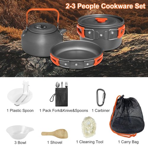 LSOSVSEU 15pcs Camping Cookware, 1.7L Pot, 7inches Pan, 0.8L Kettle Set with Plates Stainless Steel Forks Knives Spoons Camping Cookware Mess Kit for Hiking,Camping,Backpacking,Outdoor Cooking