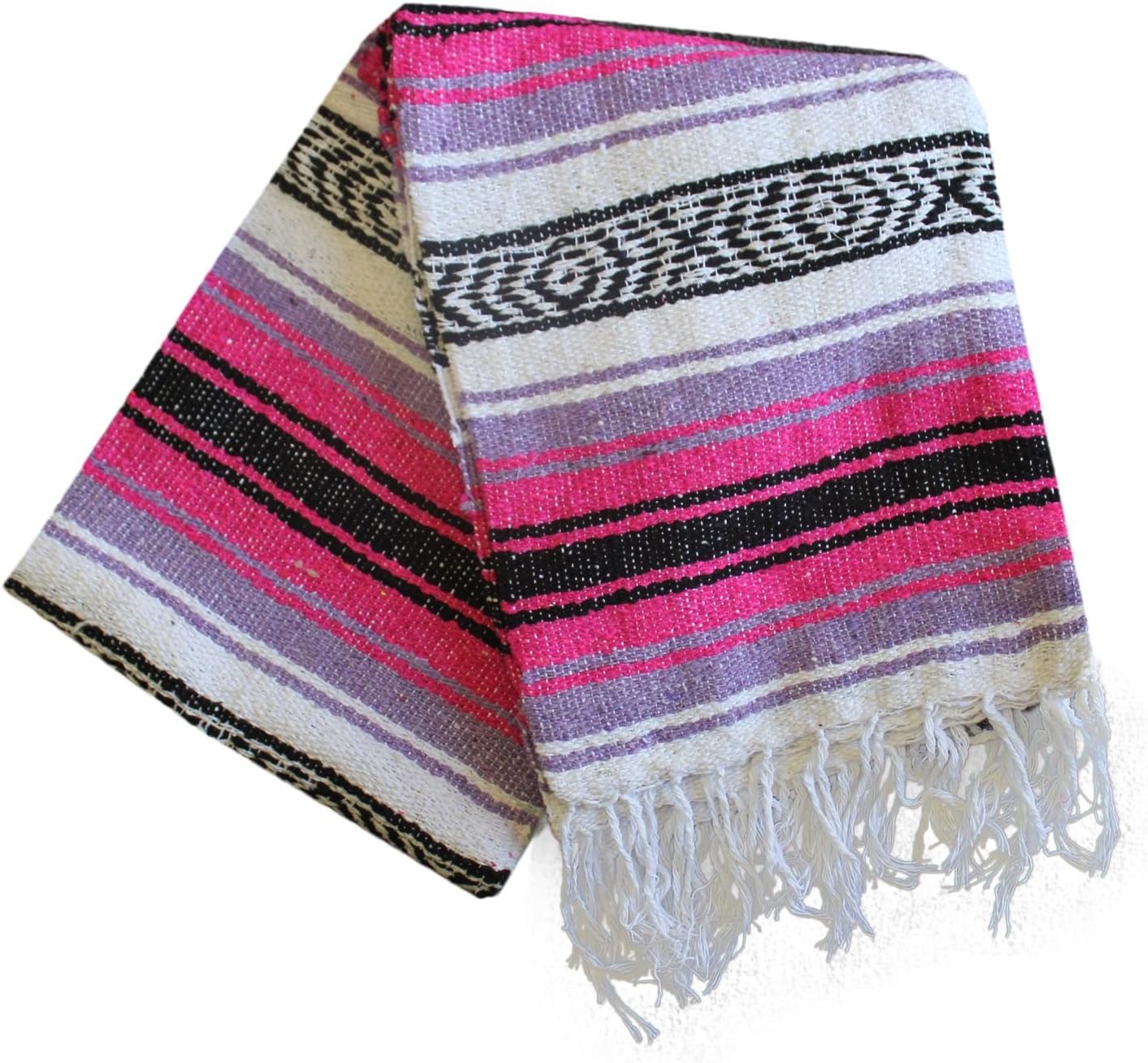 Authentic Del Mex Large Mexican Blanket - Woven Falsa Throw (70"x50") for Beach, Yoga & Outdoor Decor - Pink/Tan