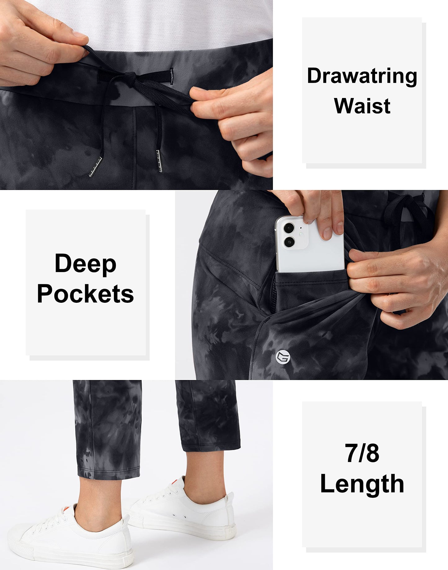 G Gradual Women's Pants with Deep Pockets 7/8 Stretch Sweatpants for Women Athletic, Golf, Lounge, Work (Black Tie Dye, Large)