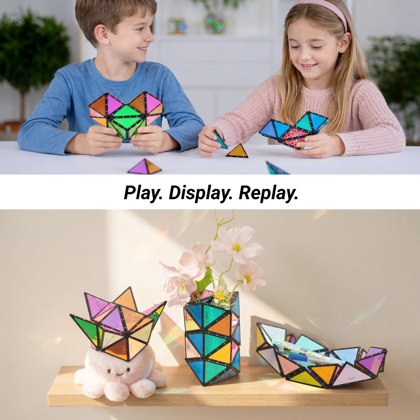 TOSY Magnet Pyramid Glow - 1 Cube Transforms into 1 Billion Shapes (Bunny, Egg, Flowers, Hearts), Easter Basket Stuffers Gift, 12 pcs, 243 Magnets, Glowing, Holographic Design, Puzzle/STEM Toy