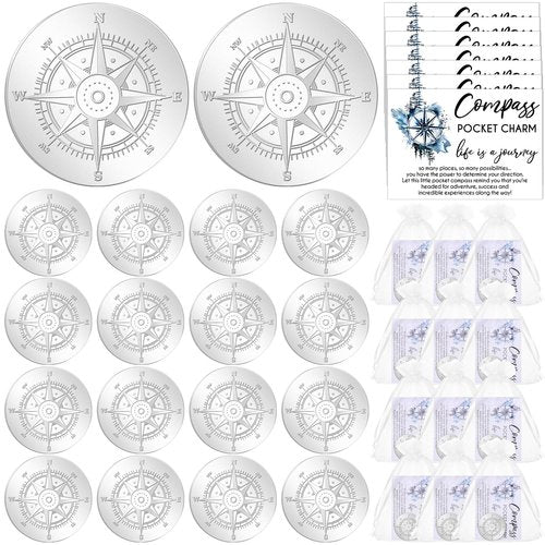 Beeveer 50 Sets Compass Pocket Tokens Bulk – Motivational Coins with ''Life is a Journey'' Quote, Cards & Organza Bags, Orientation Gifts for Students, Teachers, Friends