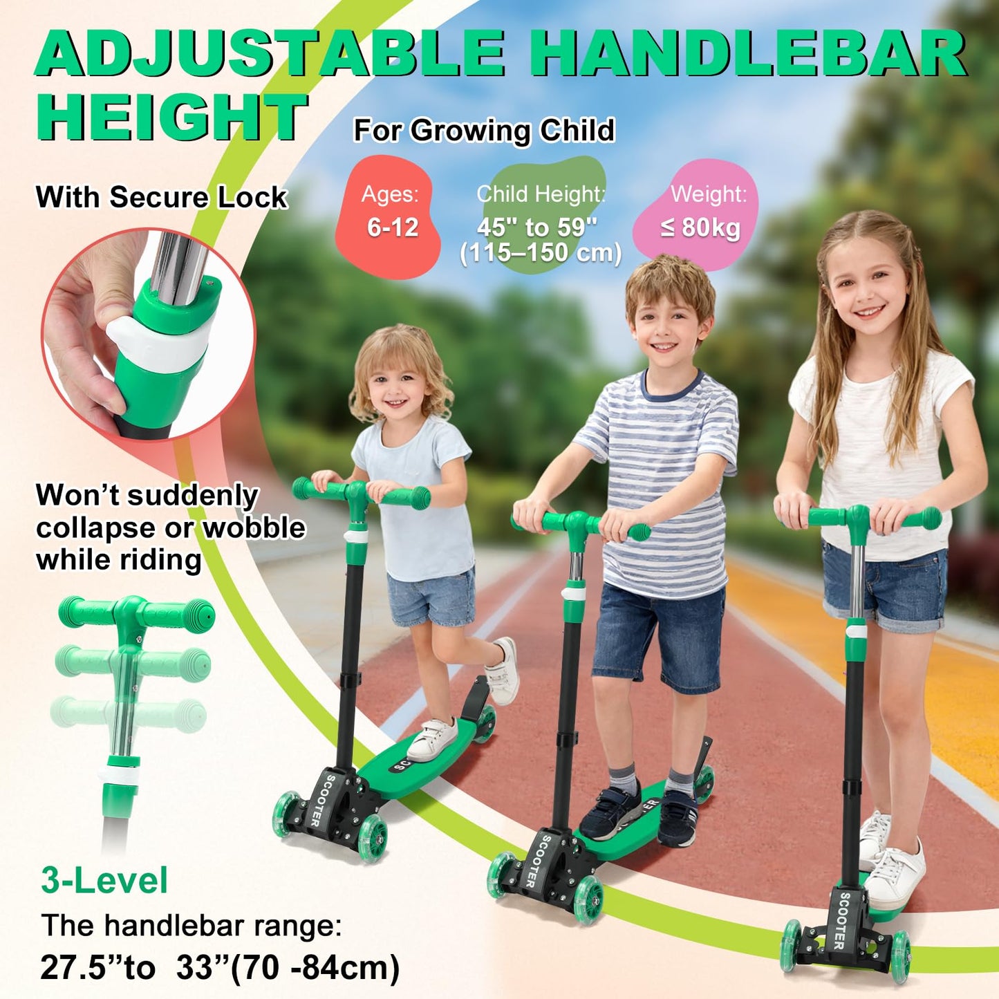 Kids Kick Scooter - LED Light Up 3 Wheel Kick Scooter for Kids 3-5, Adjustable Handlebar Height, Long Anti-Slip Deck,Heavy Duty Metal Scooters for Boys Girls Ages 3-5 5-7, up to 150 Lbs
