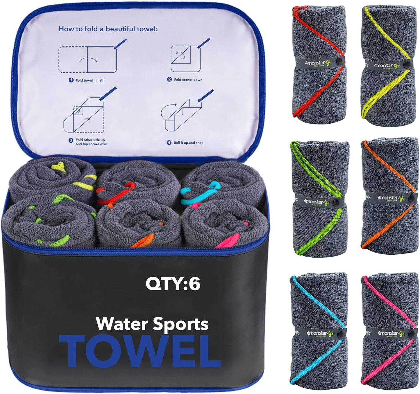 4Monster 4 Pack Microfiber Camping Towel Quick Dry, Super Absorbent Travel Towel with Waterproof Bag, Lightweight Boat Towel for RV, Sport, Gym, Beach, Pool, Swim,Family Trip