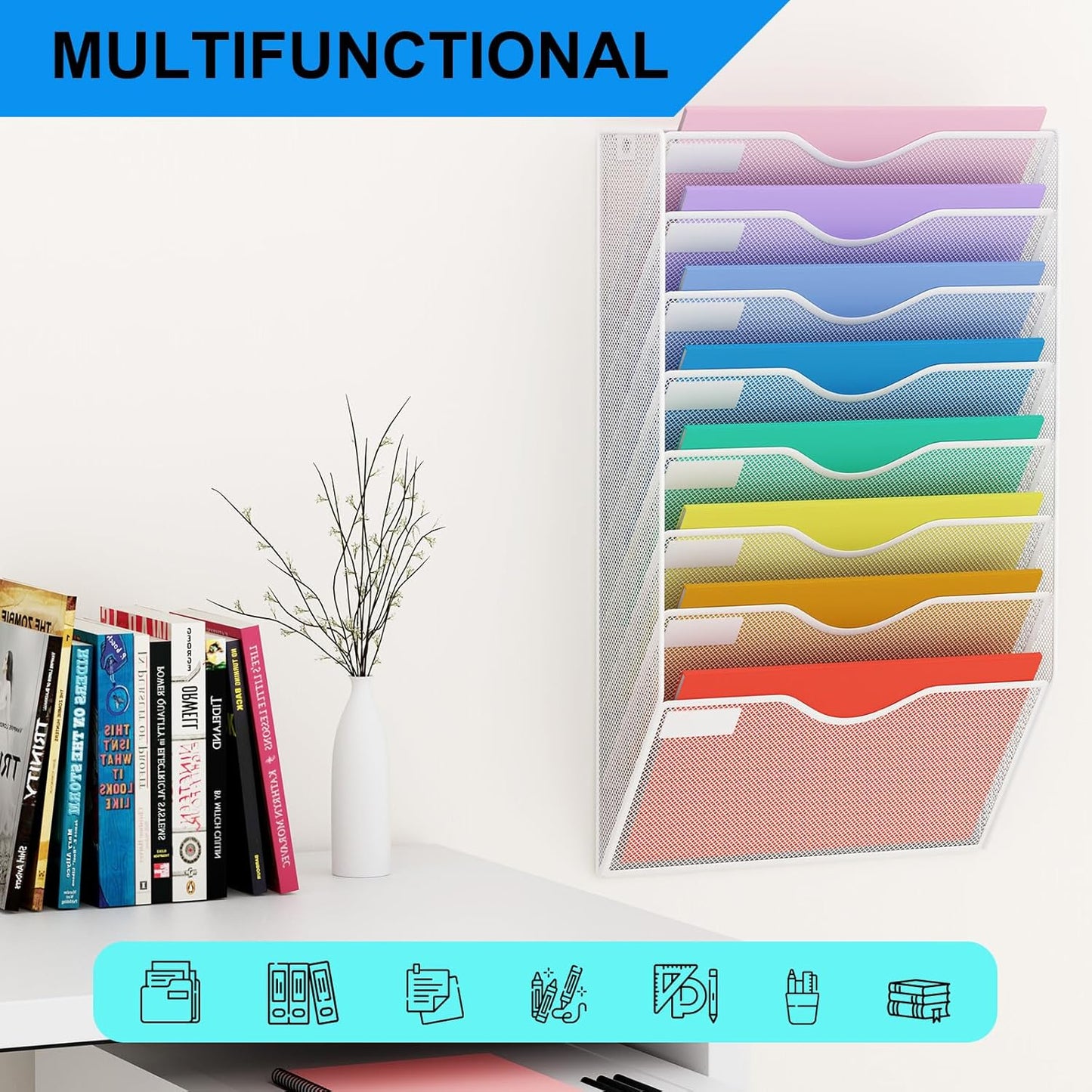 5 Pockets Mesh Hanging Wall File Holder Organizer Wall Mounted Paper Magazine Rack, Black