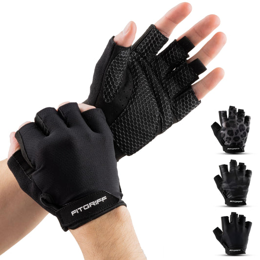 Fitgriff® Workout Gloves (Padded) for Men & Women - Fingerless Gym Gloves for Weight Lifting, Training - Full Palm Protection (Black, Size 7)