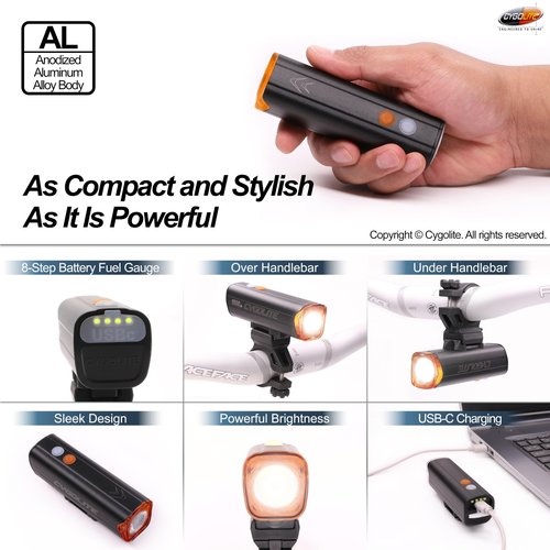 Cygolite Velocity Endurance 1,000 Lumen Bicycle Light– Anodized Aluminum Alloy- High Run Time–9 Modes– Fine Tunable Brightness-Compact IP67 Waterproof– Hard Mount– USB-C Charge–Road, Mountain, Commute
