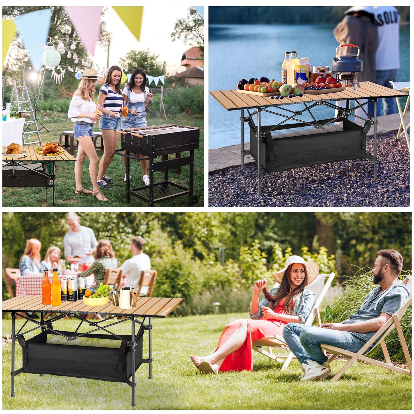 Folding Camping Tables That Fold Up Lightweight,Aluminum Roll Up Camping Table for 4-6 Person Camp Table with Large Storage and Carrying Bag for Outdoor, Picnic, Backyards, BBQ, Beach, 220 Lbs, Oak
