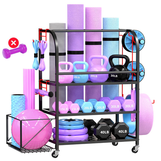 Home Gym Organizer - Yoga Mat Storage Rack, 400LBS Metal Gym Equipment Storage Cart with Large Basket & Movable Hooks, Dumbbell Rack & Weight Storage Racks for Workout Gear (Black)