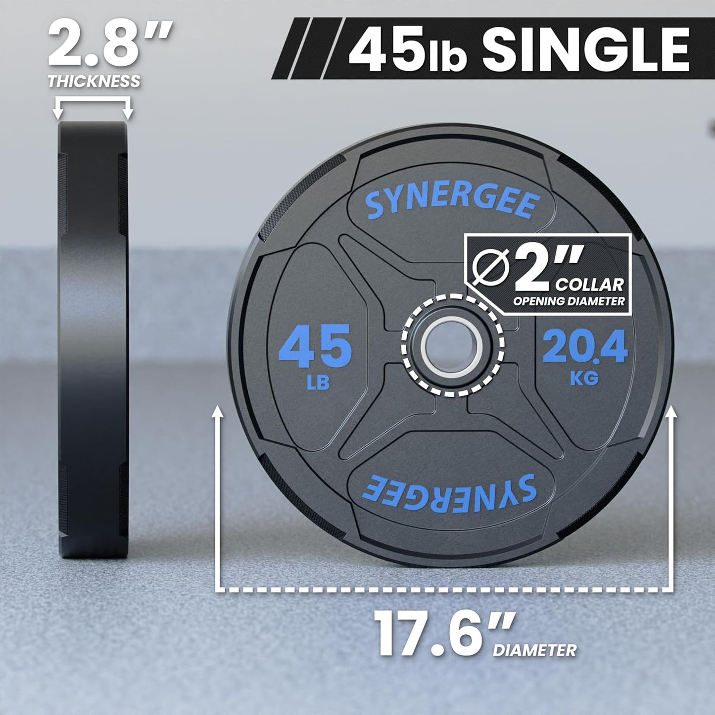 Synergee Bumper Plates – Durable Olympic Weight Plates, Low-Bounce Rubber for Strength Training, Powerlifting, and Functional Workouts.