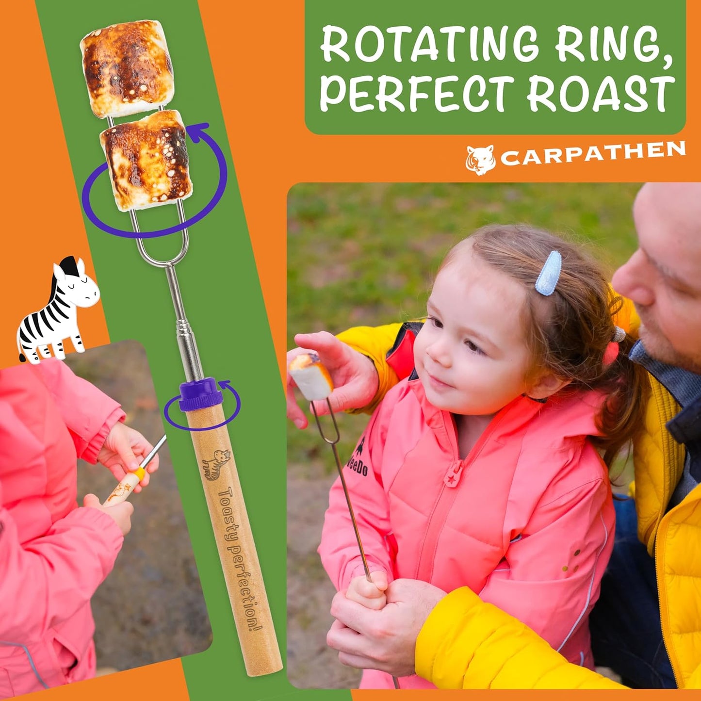 CARPATHEN Marshmallow Roasting Sticks - Set of 6 Premium Rotating Smores Sticks - Extra Long Telescoping Marshmallow Sticks for Fire Pit, Campfire & Bonfire - Camping Accessories