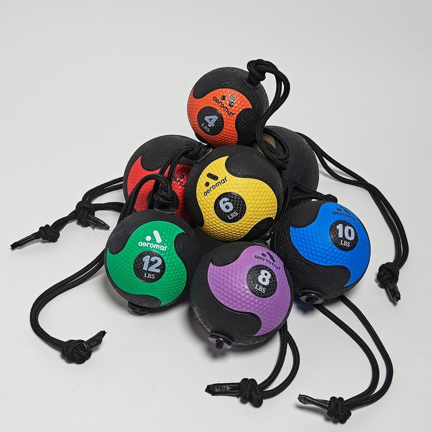 Aeromat Elite Power 39" Rope 12 lb Medicine Balls for Exercise - 9" Dia Workout Ball, Weighted Exercise, Weight Wall Color-Coded Ball with (Green)