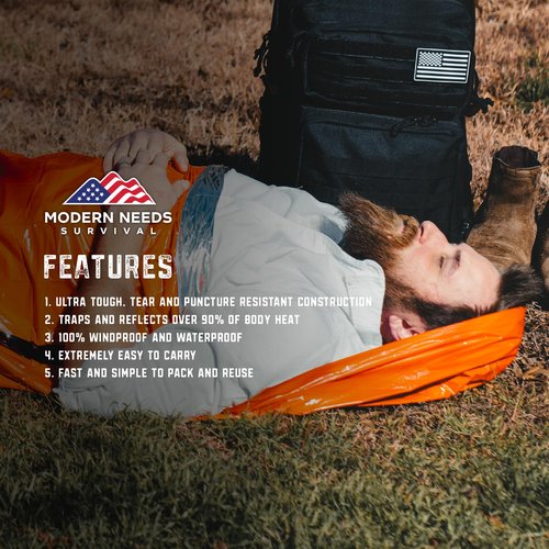 MODERN NEEDS Emergency Sleeping Bag – Thermal Blanket & Bivy Sack | Waterproof, Windproof, Tear-Resistant Shelter Emergency Blanket for Outdoor Use