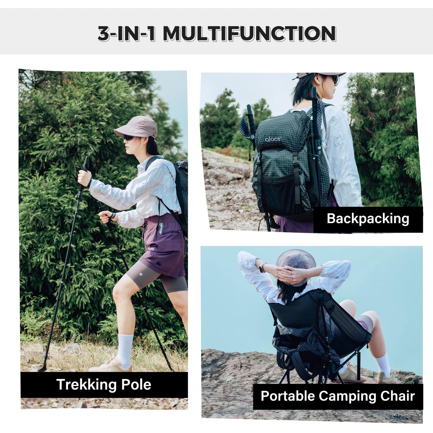 Alocs 3-in-1 Camping Chairs, Backpack Wearable Chair with Aluminium Trekking Poles, Fishing Chair for Hiking Backpacking Climbing Hunting and Outdoor