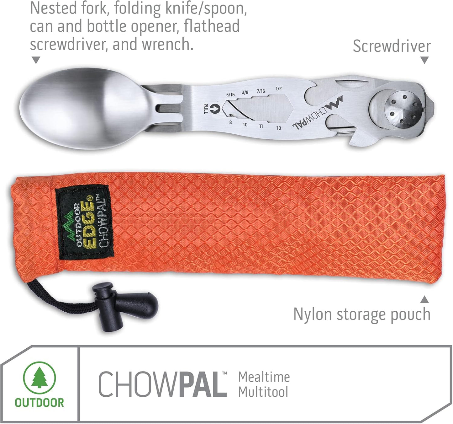 OUTDOOR EDGE Chowlite - Mealtime Multitool with Folding/Locking Fork, Spoon, Bottle Opener, Can Opener and Screwdriver - 100% Stainless Steel - Perfect for Camping, Hiking, Backpacking and Hunting