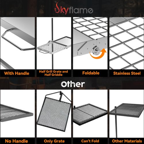 Skyflame Swivel Campfire Grill, Stainless Steel Folding Camping Grill Grate and Griddle with Carrying Bag, Portable Outdoor Cooking Equipment for Open Flame Fire Pit, Backpacking, Camping