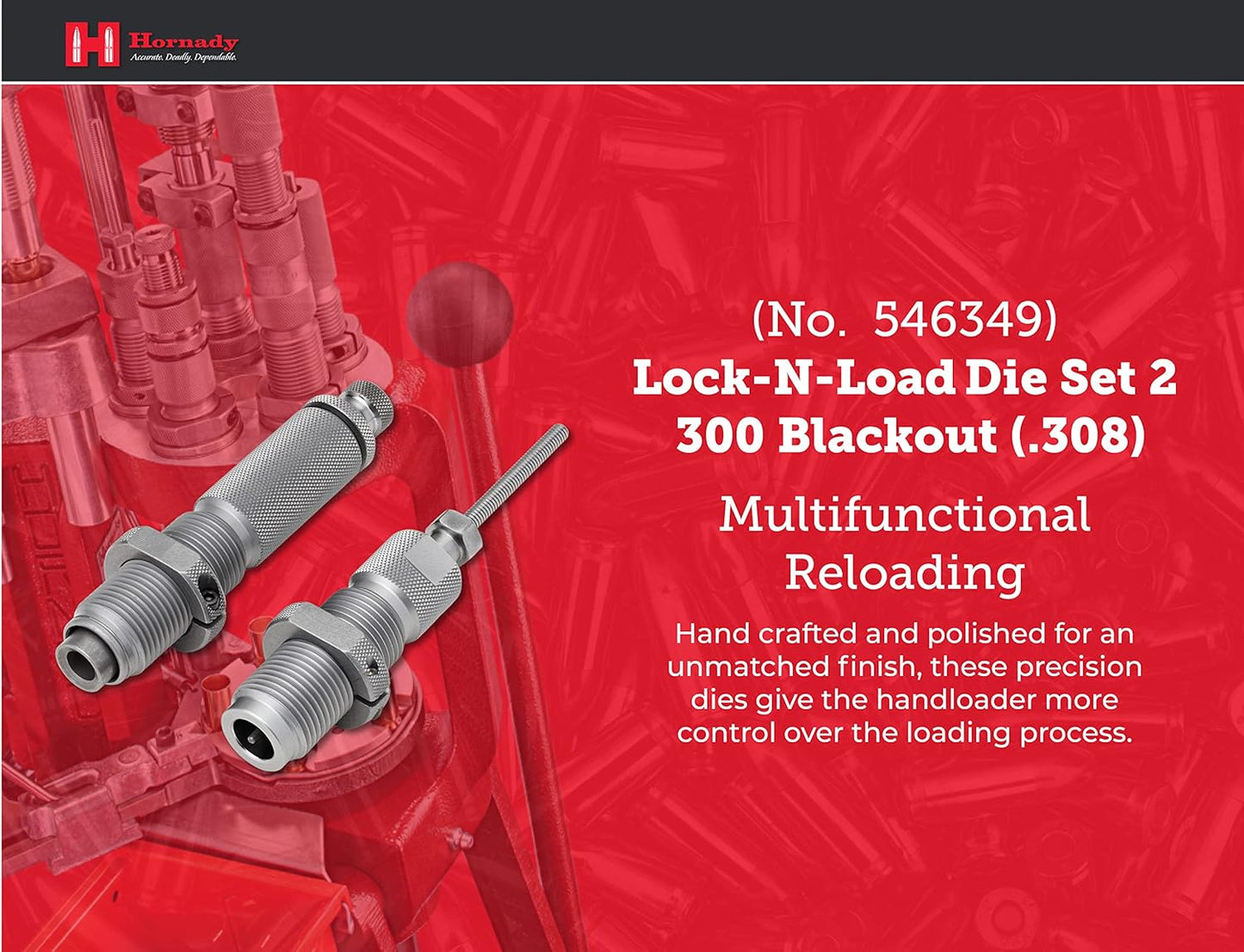 Hornady Custom Grade New Dimension 2-Die Set, 300 BLACKOUT (.308) (546349) - Caliber Specific Reloading Equipment for Handloaders with Full Length Sizer Die, Seating Die, Sure-Loc Rings, & Storage Box