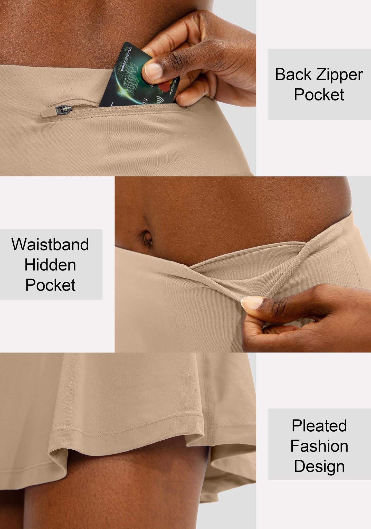 SANTINY Pleated Tennis Skirt for Women with 4 Pockets Women's High Waisted Athletic Golf Skorts Skirts for Running Casual (Khaki_L)