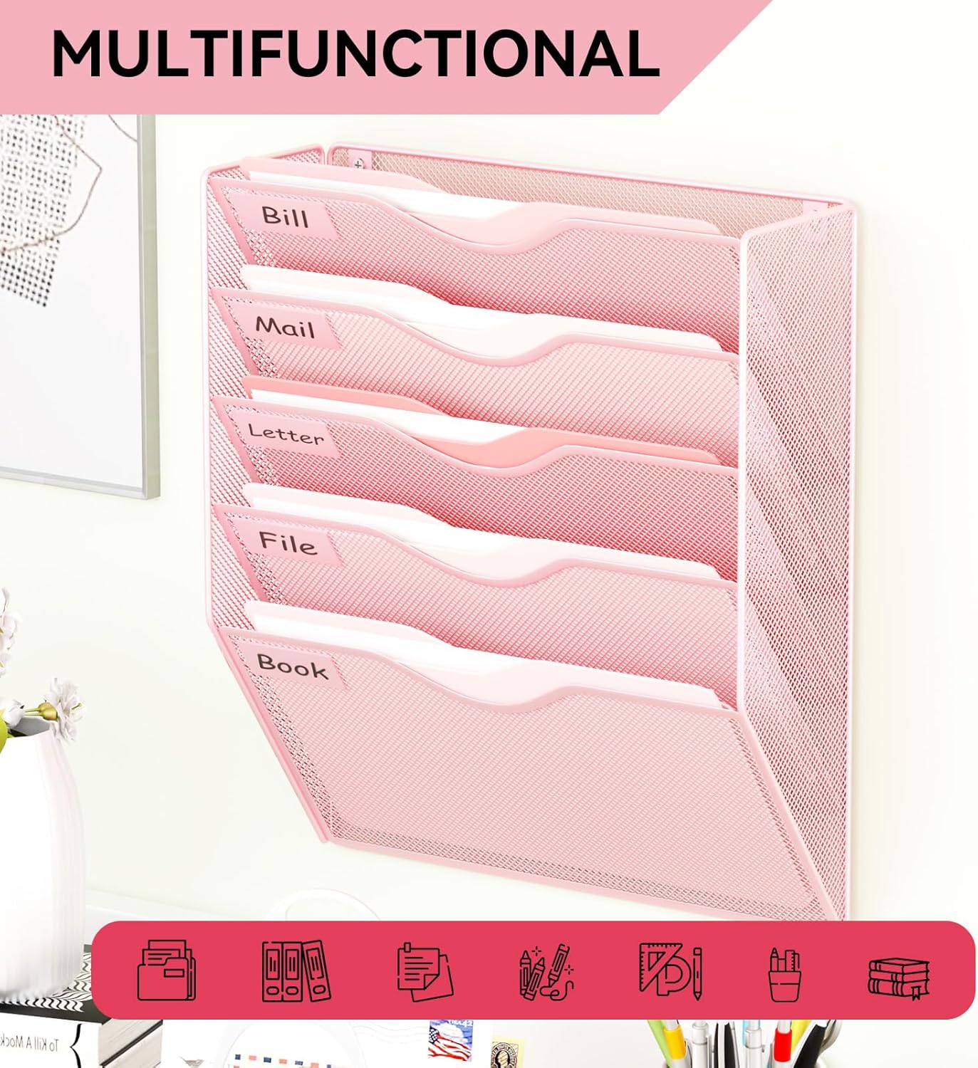 5 Pockets Mesh Hanging Wall File Holder Organizer Wall Mounted Paper Magazine Rack, Black