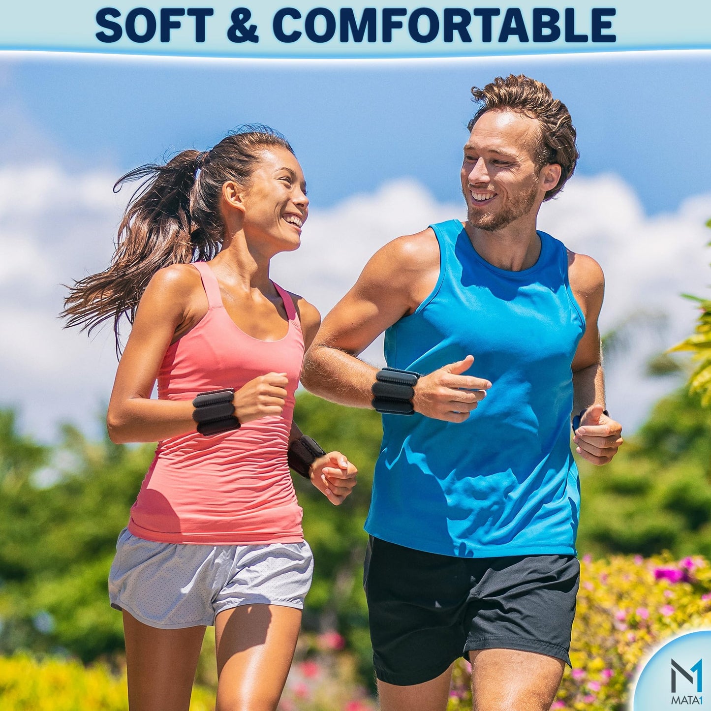 Ankle & Wrist Weights for Men & Women - Set of 2, 1 lb / 0.5 kg each, Black - Adjustable Silicone Workout Bands w/Removable Weights for Fitness & Training - by Mata1-USA