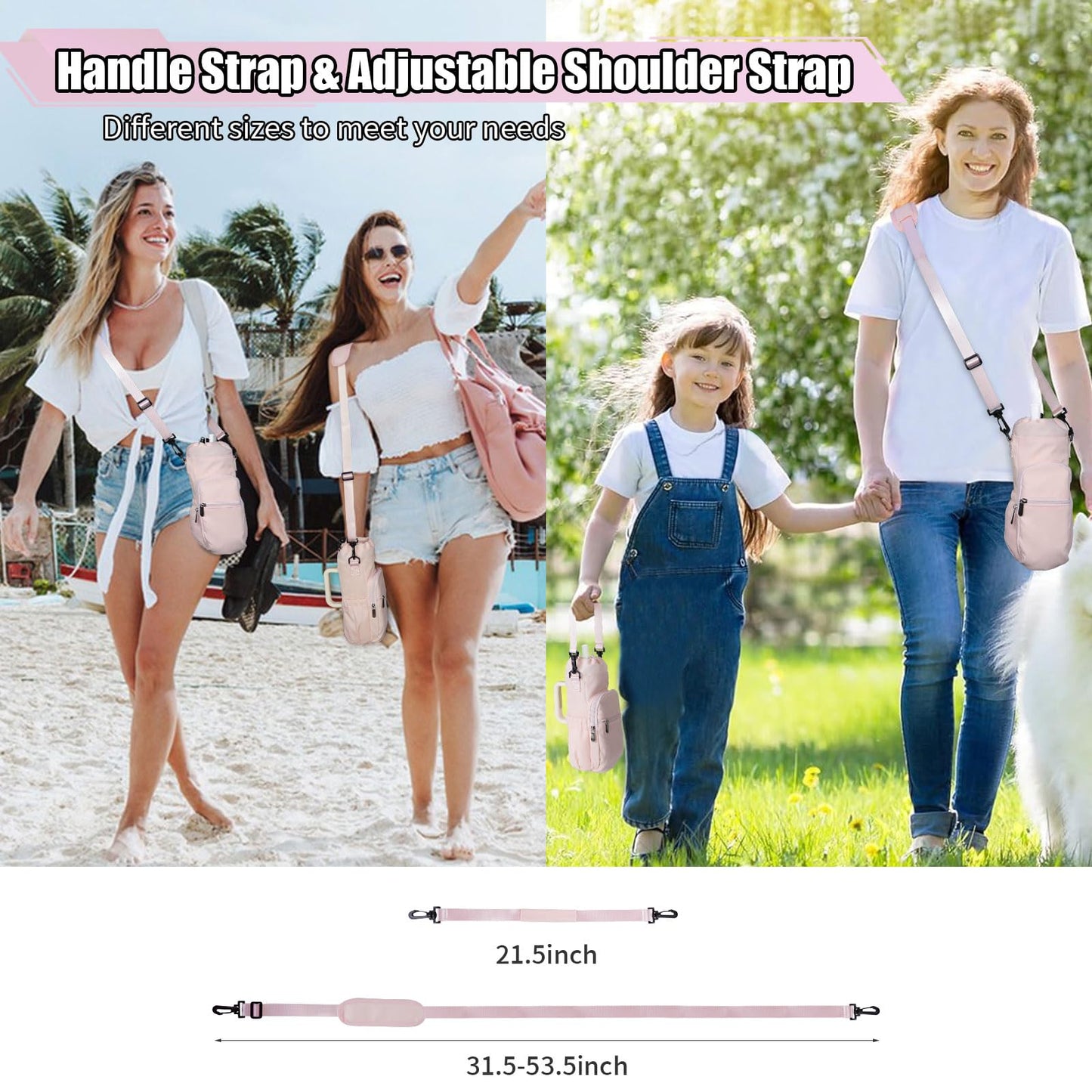 HOMEYA Water Bottle Carrier Bag with Phone Pocket for Stanley Cup 40 Oz Tumbler with Handle, Nylon Water Bottle Holder Pouch with Top Drawstring, Adjustable Shoulder&Handle Strap (Pink)