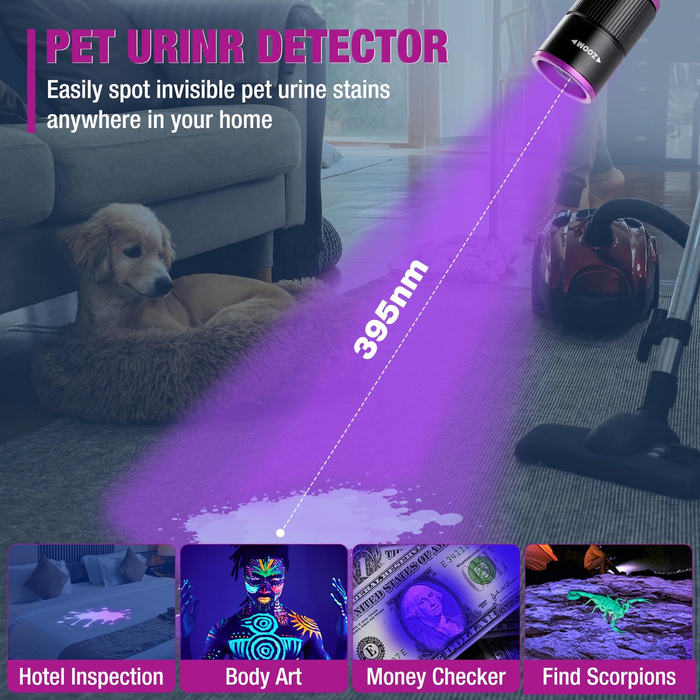 EverBrite Rechargeable Pen Flashlight with UV Light and White Light, 395nm Black Flashlight with Clip, Zoomable 4 Modes with Memory Function, USB C Cable, for Camping, Emergency, Pet Urine Detection