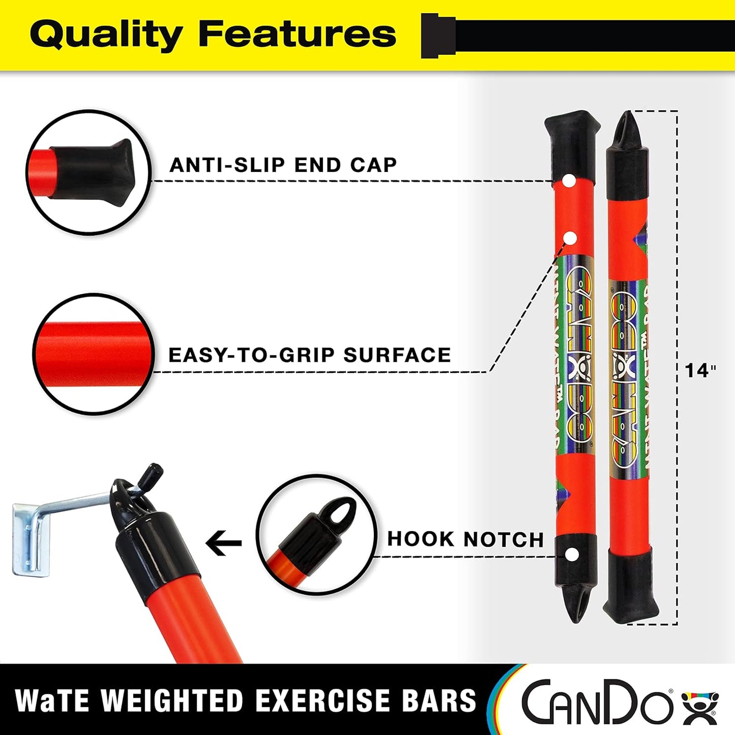 CanDo Mini WaTE Bars -2 Piece Set, 3lb Black, Total Body Workout Weighted Exercise Bar for Strength Training, Toning, and Physical Therapy