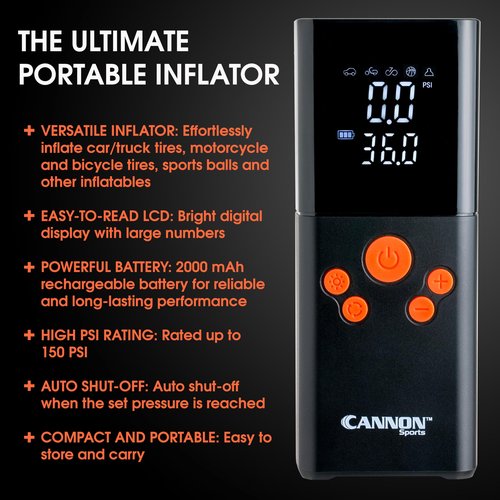 Cannon Sports Multi-Purpose Electric Ball Pump – 150 PSI Portable Air Compressor – Rechargeable Fast Air Pump with LED Light for Basketball, Football, Soccer, Volleyball, All Sports Balls & Tires