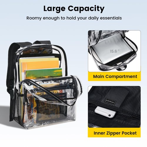Vorspack Clear Backpack Heavy Duty - Clear Bookbag Large See Through Backpack Plastic Transparent Backpacks for College Work Travel - Black(2 Pack)
