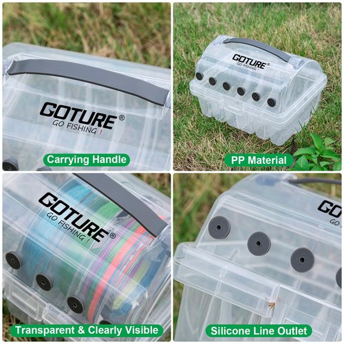 Goture Fishing Line Storage Box - 6 Slot Organizer (2 Large + 4 Standard), Clear Visibility, Silicone Holes