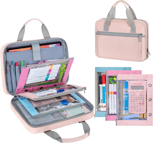 Yarwo Zipper Binder with 3 Pencil Pouches, Small File Organizer with Multiple Pockets & Padded Sleeve Fits 12.9” iPad and Stationery for School, Office, Work, Pink