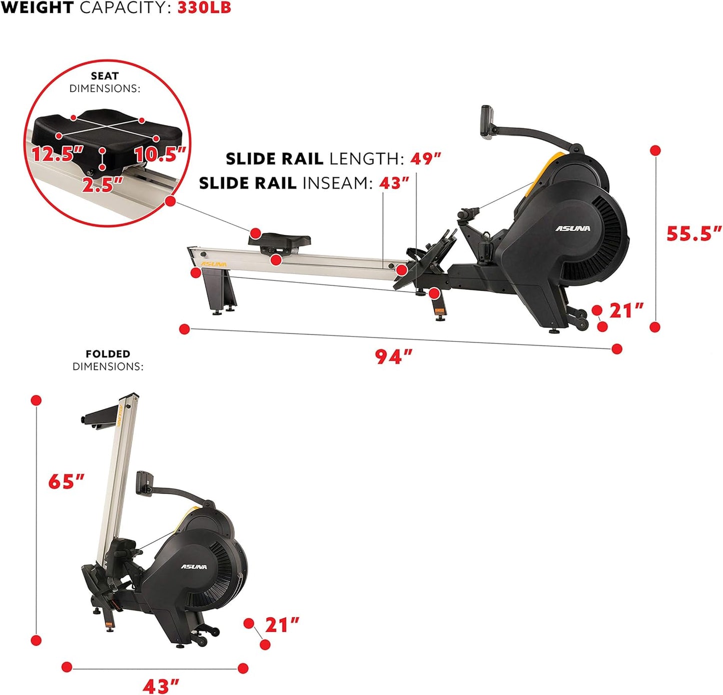 Sunny Health & Fitness Asuna Premium Air + Magnetic Rower Machine w/Extended Aluminium Slide Rail, Cardio Rowing Training Equipment for Home Gym Exercise w/Wide Cushion Seat & Performance Monitor