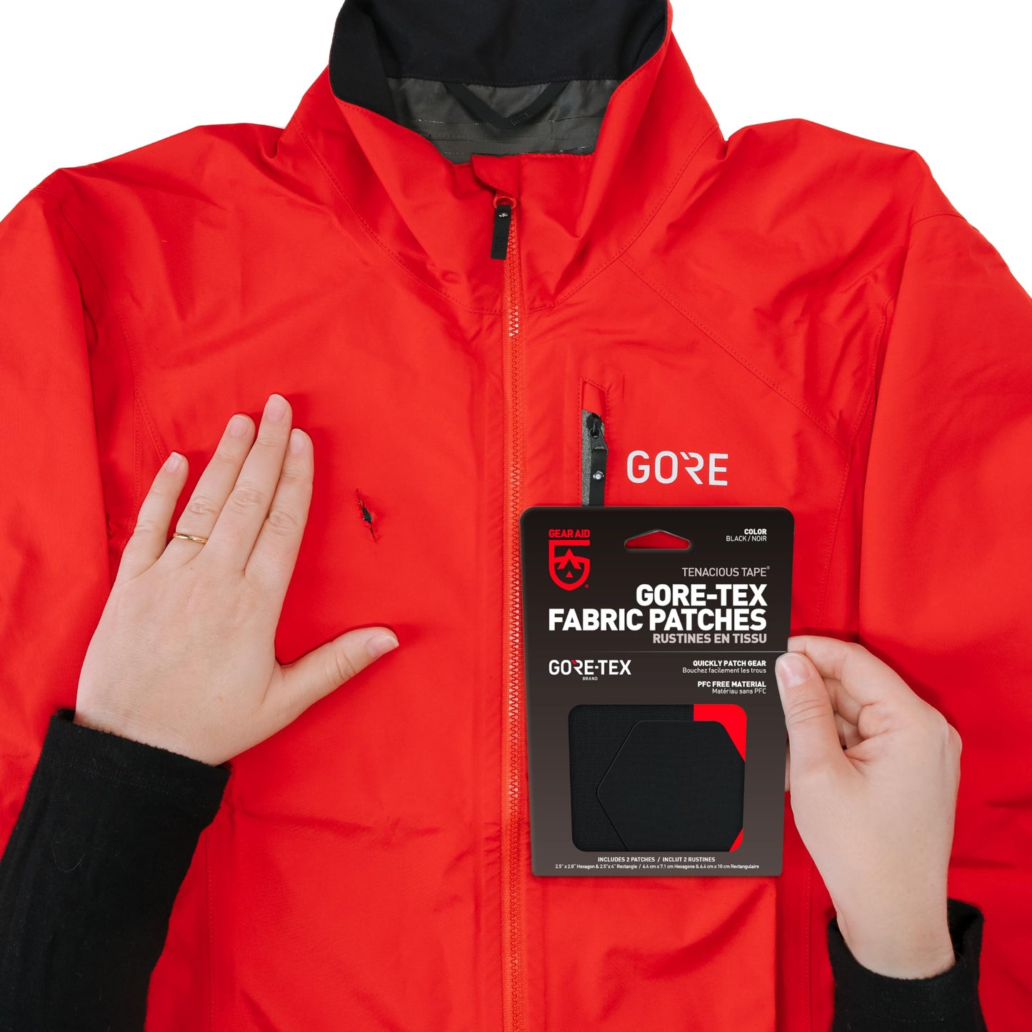 GEAR AID Tenacious Tape Gore-TEX Fabric Patches for Quickly Fixing Holes and Tears in Jackets, Gloves, Rain and Ski Pants, Black, 2.5” x 2.8” Hexagon, 2.5” x 4” Rectangle