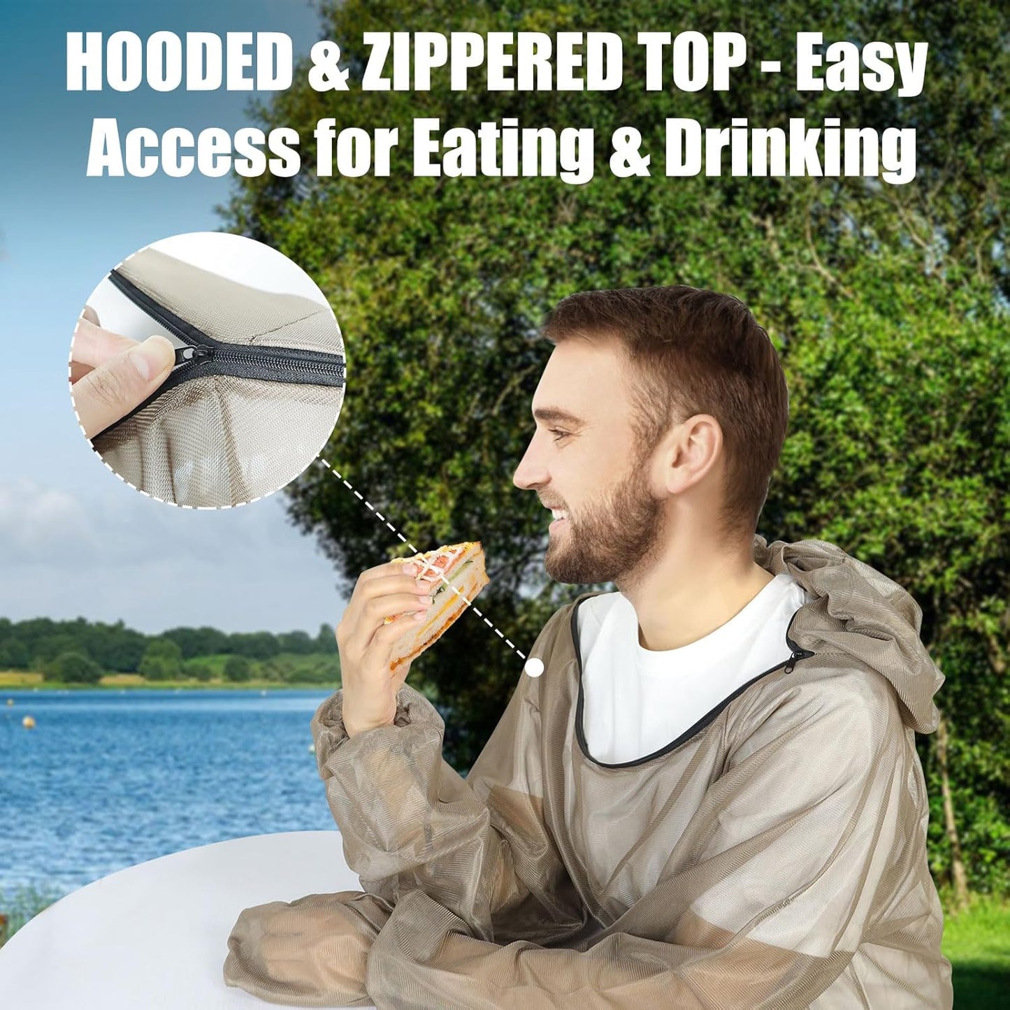 HOMEYA Bug Jacket L/XL, Anti Mosquito Netting Suit with Zipper on Hood Ultra-fine Mesh Pants Mitt Socks with Free Carry Pouch for Protecting Hunting Fishing Men Women