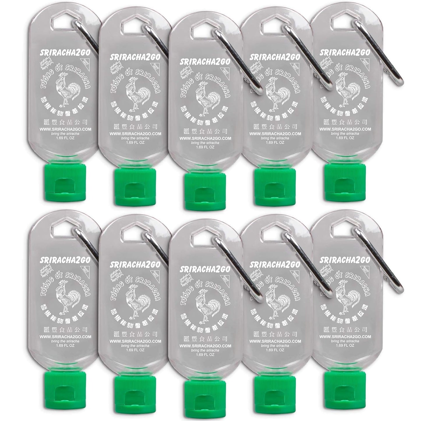 Sriracha2Go 3-Pack - BPA Free, TSA Approved, Leak Proof, Reusable, Stainless Steel Carabiner Clip