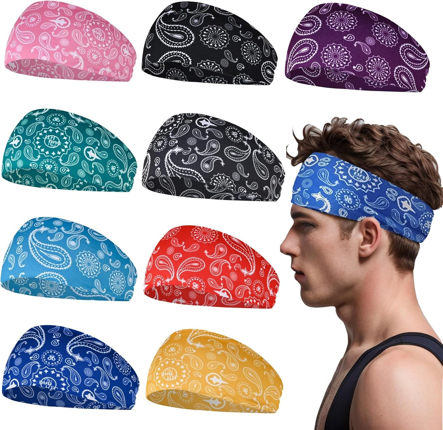 Men's 9-Pack Sports Headbands | Stretchy Sweatbands for Running & Workouts