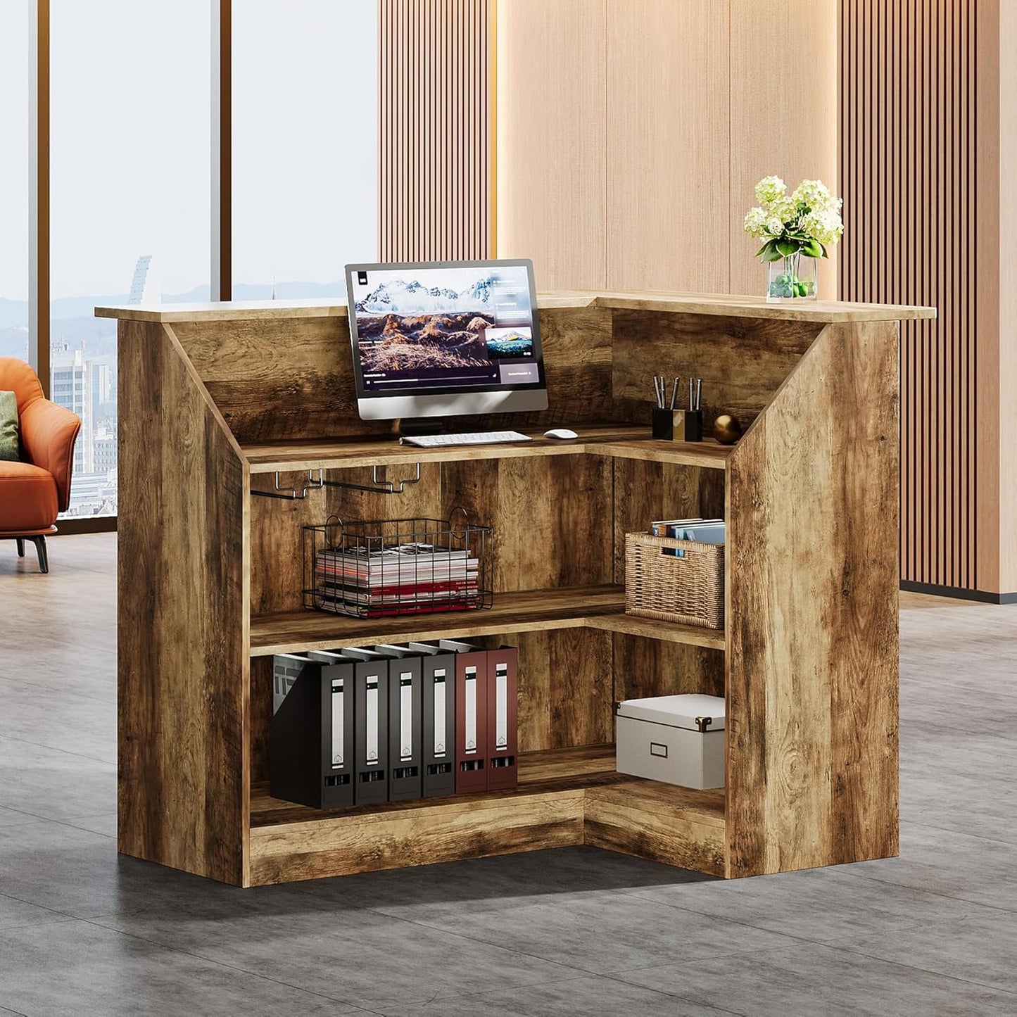 Tribesigns Reception Desk with Storage Shelves, L-Shaped Modern Front Desk, Reception Counter Table for Small Office, Salon, Checkout Office, Black