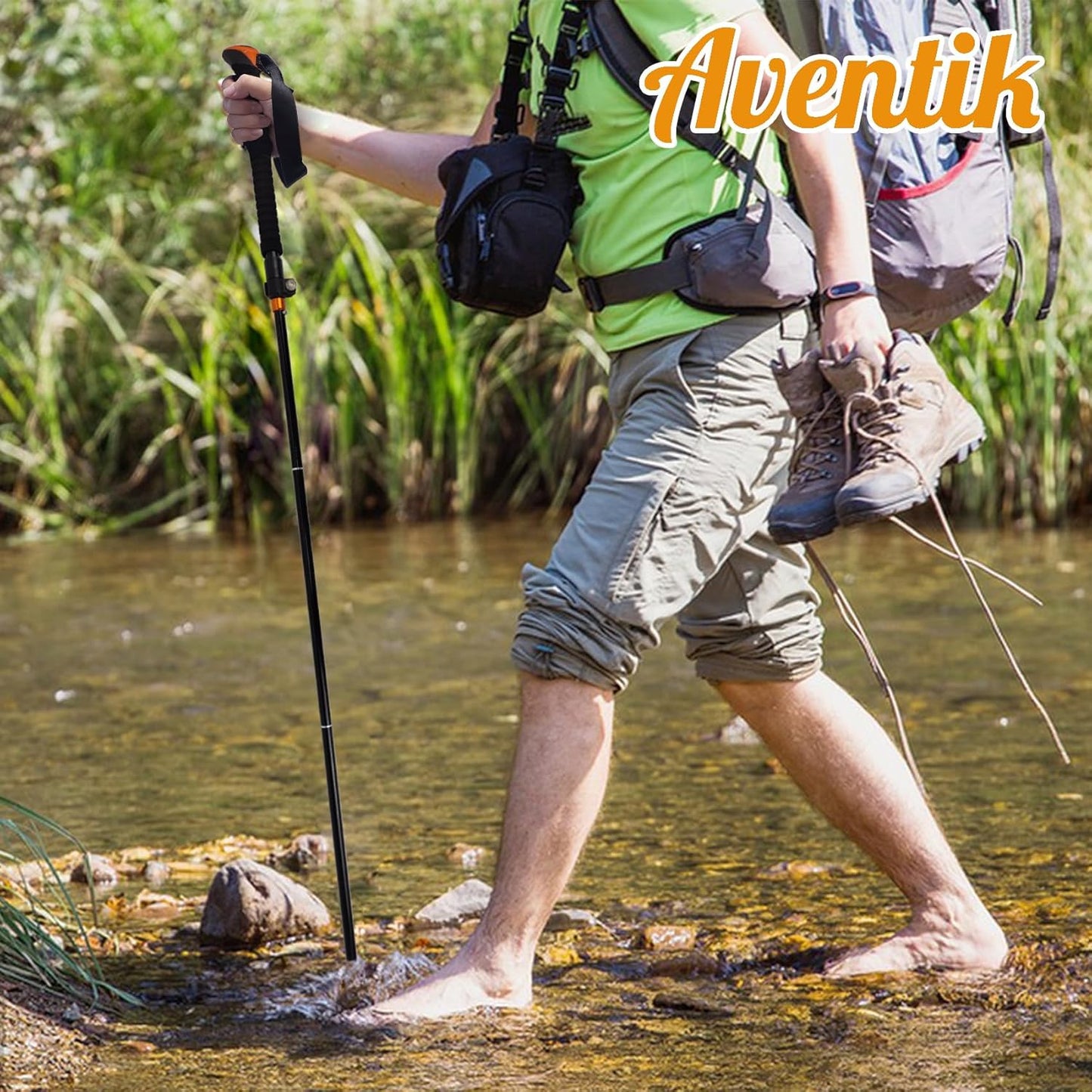 Aventik Fold-able Wading Staff Water Depth Safety Warning Sign Coated Stainless Steel Core T7075 Aluminum Body Corrosion Resistance