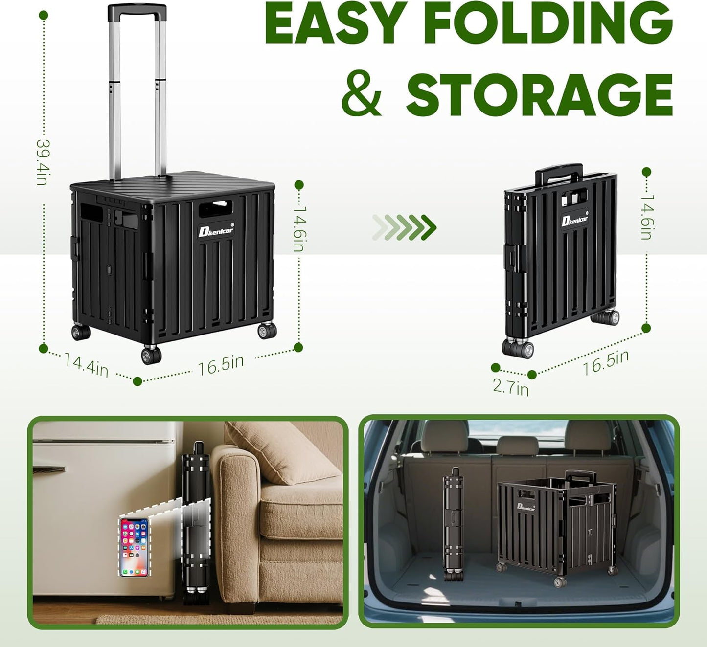 Folding Utility Cart with Lid, Portable Rolling Crate Handcart Collapsible Shopping Trolley, Durable Plastic Foldable Tool Basket with 4 Rotate Wheels for Grocery, Office, Luggage, School - White