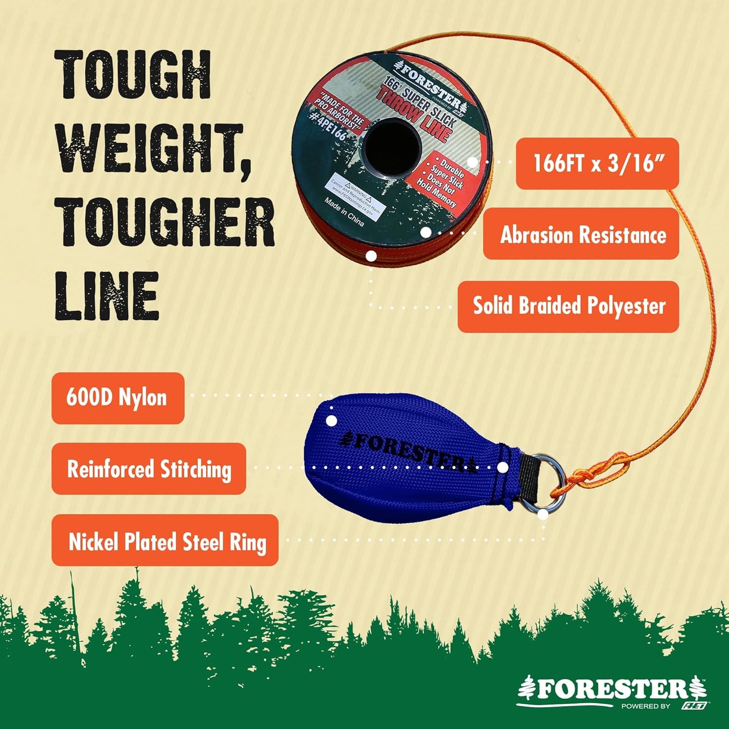 FORESTER Arborist Throw Line Kit | Throw Weight & 166ft Rope | Ultra Slick 100% Polyester Rope | Arborist Equipment for Tree Climbing