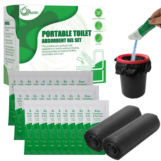 Aussio 30pcs Portable Toilet Absorbent Gel with 40pcs 6 Gallon Camping Toilets Bags, Poo Urine Powder for Hiking, Poos Gel for Portable Toilets, Camping Toilet Gesl Poo Powder for Outdoor Use