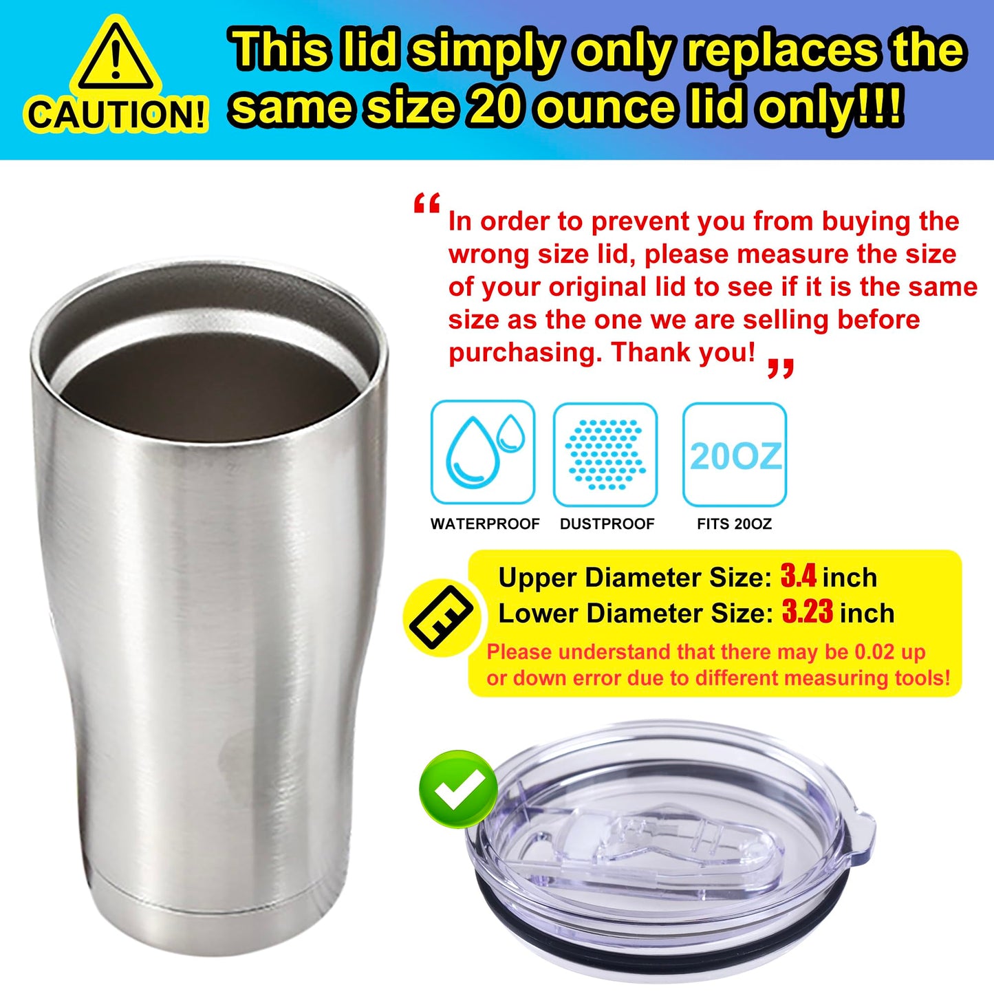 AICMEI 2 Replacement Lids for 20oz Stainless Steel Tumbler Lids-Replaces Only Covers With a Top Diameter of 3.4 inches（Bottom Diameter of 3.23 inches）