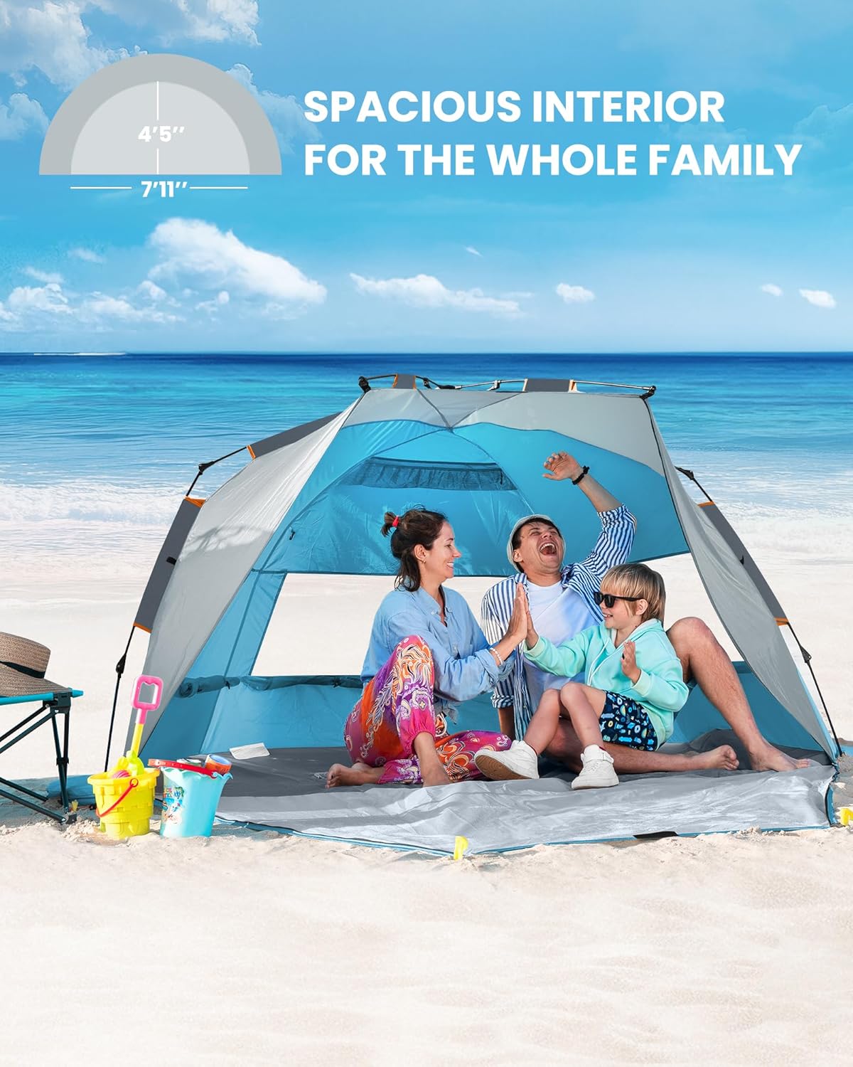 OutdoorMaster Beach Tent Sun Shelter for 3-4 Person, Pop Up Beach Tent Easy Setup with Sandbags, Portable Sun Shade Canopy with Carrying Bag for Beach & Outdoor, UPF50+ UV Protection, Family Size