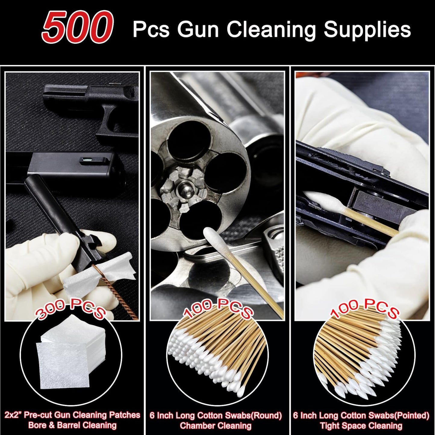 Gun Cleaning Supplies - 2x2'' Gun Cleaning Patches and 6''Gun Cleaning Swabs Set - Handgun, Shotgun, Pistol and Rifle Cleaning & Maintenance Kit