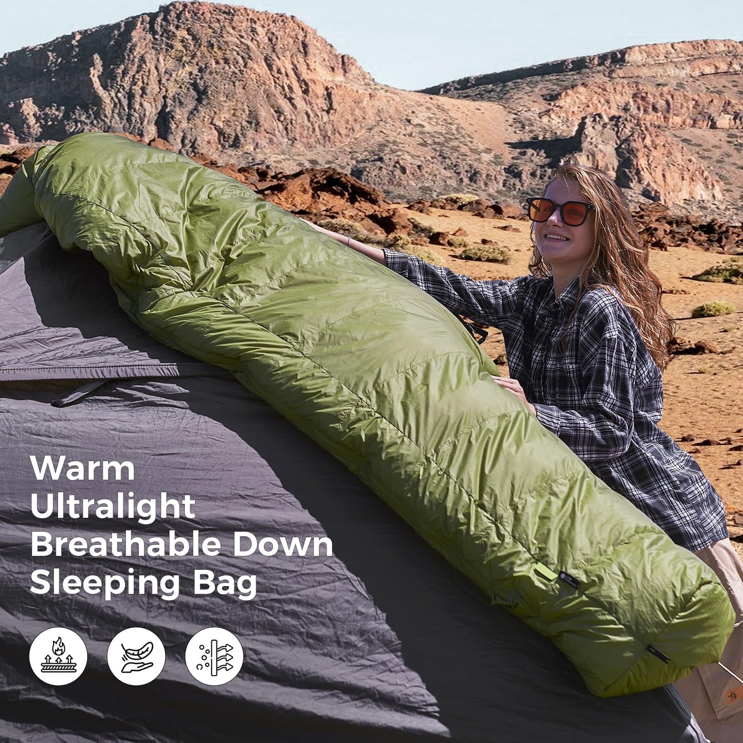 ATEPA Elements 450 Down Sleeping Bag for Adults, 700FP Recycled Mummy Cold Weather Ultralight 3 Season Compact Packable Sleeping Bag with 15D Nylon Shell for Backpacking Camping Hiking, 42.8℉ Green