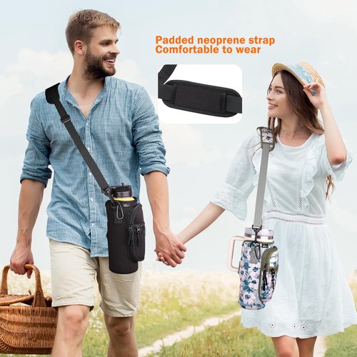 Water Bottle Carrier Bag with Strap Tumble Carrier Bag Pouch with Phone Pocket Strap for Stanley Cup Accessories 40 oz Water Bottle Holder Sling with Strap, 2PC Straw Cover and 1pc Carabiner