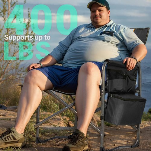 Overmont Oversized Lightweight Camping Chair - Heavy Duty Foldable Directors Chairs with Side Table & Cooler Bag for Outside Camp Beach Picnic Lawn and Fishing Supports 400lbs (BlackGrey)